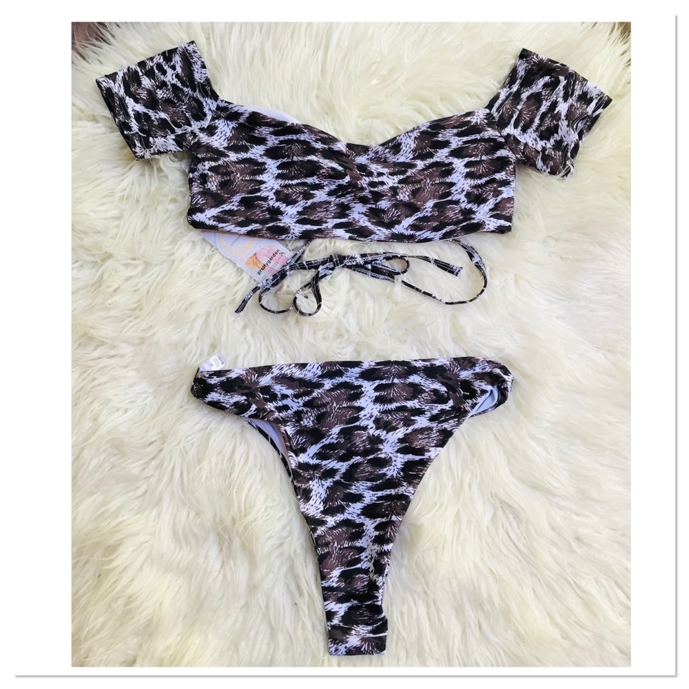 Pretty Garden Leopard Print Bikini Swimsuit Set Cheeky Bottoms Size Medium